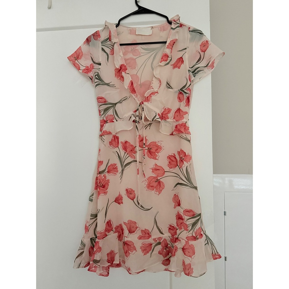Storia Pink Red Floral Ruffle Chiffon Mini Dress Short Sleeve V-Neck Tie Front